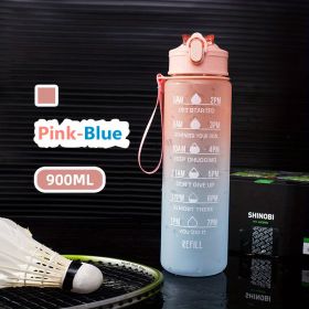 32oz/900mL Motivational Water Bottle with Straw & Time Marker; Daily Water Intake Bottle with Carrying Strap-Fitness/Gym/School/Mountain Climbing/Etc (Color: Pink-Blue)