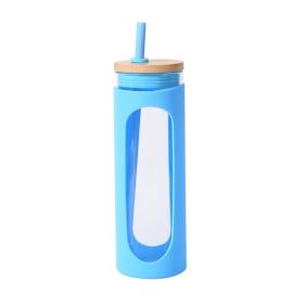 Glass Water Tumbler with Straw - Silicone Grip - Bamboo Lids - Reusable 20oz (capacity: 590ML, Color: Blue)